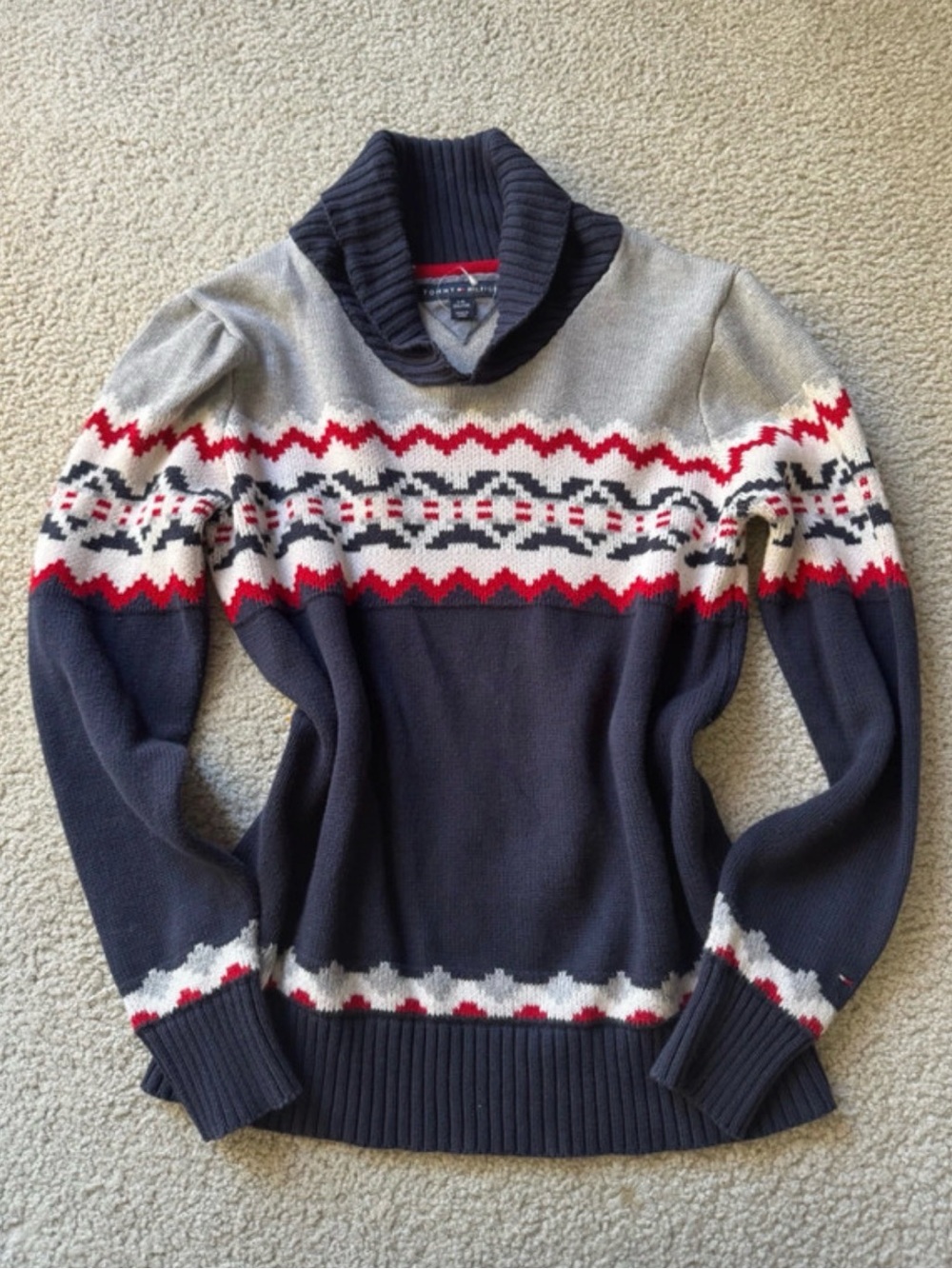 Tommy Hilfiger Navy, Gray & Red Shawl Collar Cardigan sweater top classy